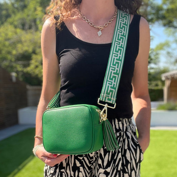 Emerald Green Leather "Florrie" Cross Body Tassel Bag