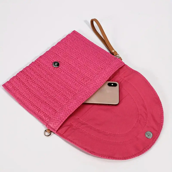 Pink Woven Straw Clutch