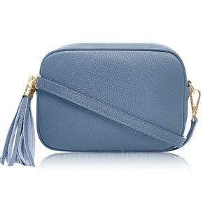 denim blue italian leather camera bag