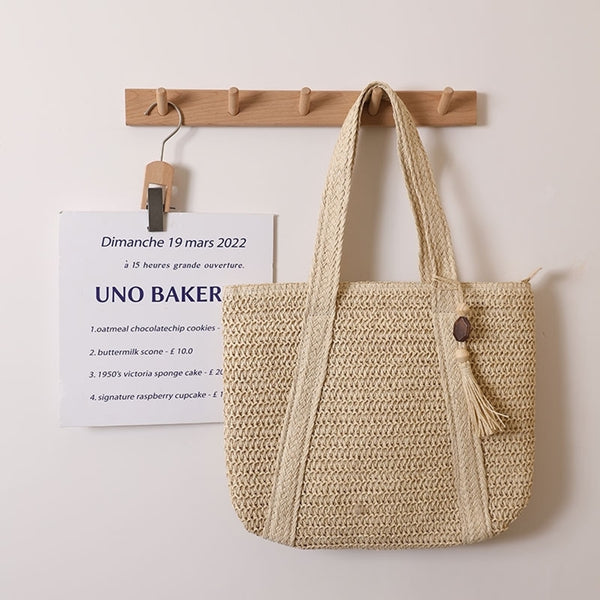 Beige Woven Summer Tote Bag With Tassel