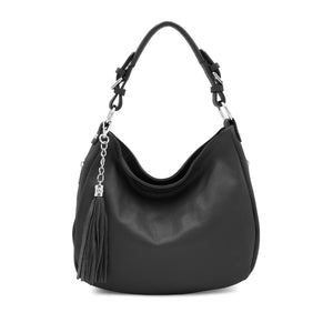 Black Leather Hobo Bag With Tassel