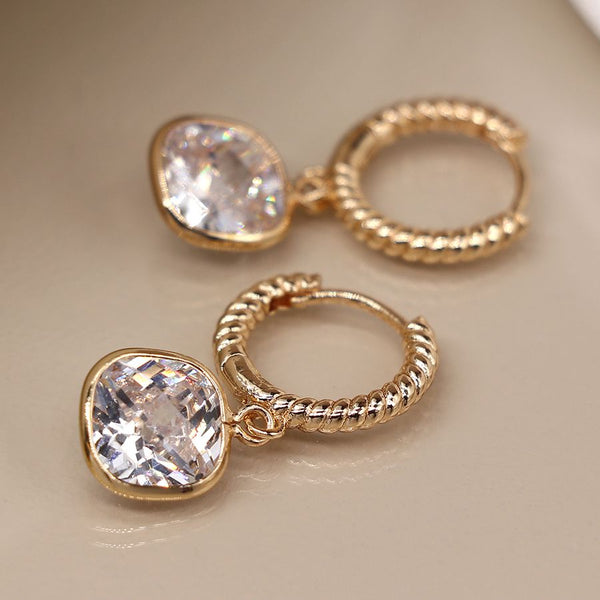 Gold Twist Hoop and Crystal Drop Earrings