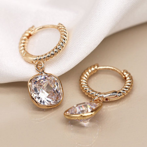 Gold Twist Hoop and Crystal Drop Earrings