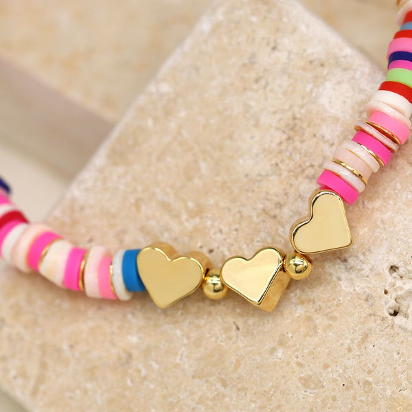 Rainbow Fimo Bead & Golden Hearts Bracelet