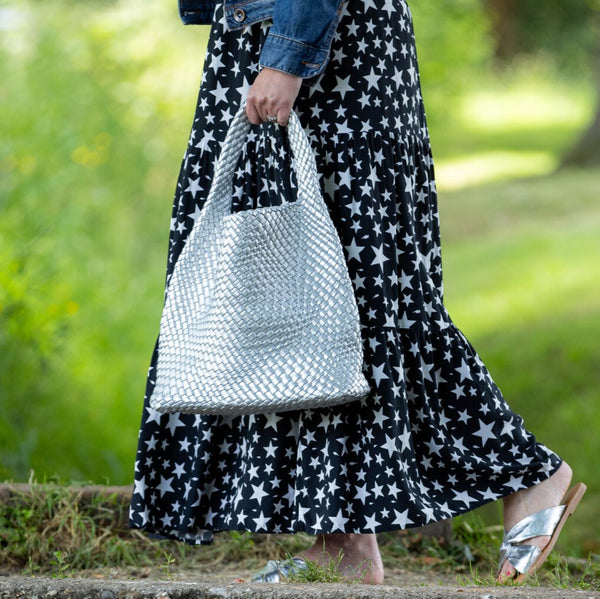 Metallic Silver Weave Tote Bag