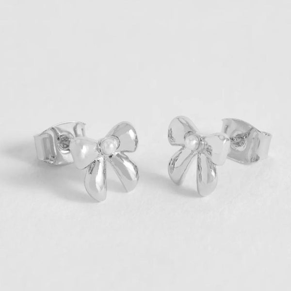 Silver Bow Pearl Stud Earrings