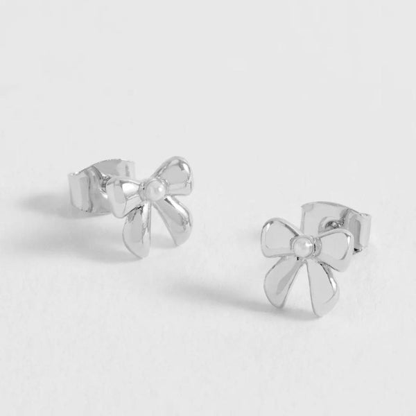 Silver Bow Pearl Stud Earrings