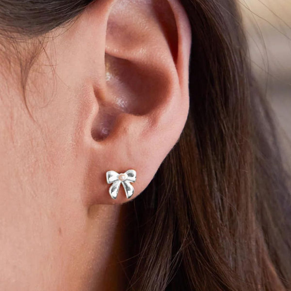 Silver Bow Pearl Stud Earrings