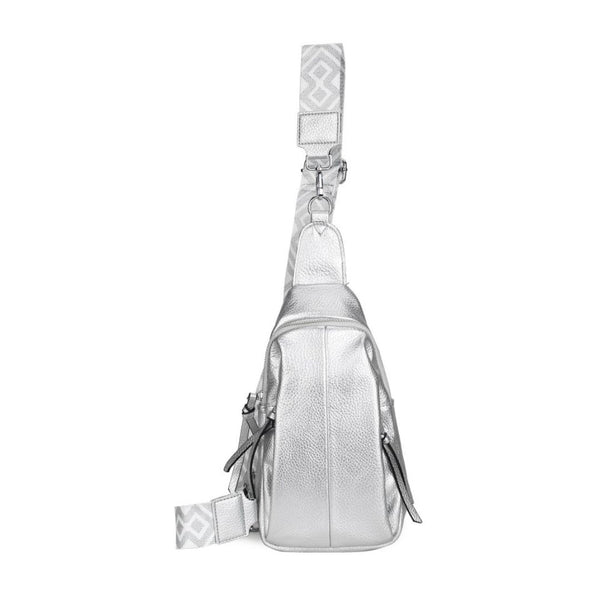 Silver Sling Chest Bag With Wide Strap