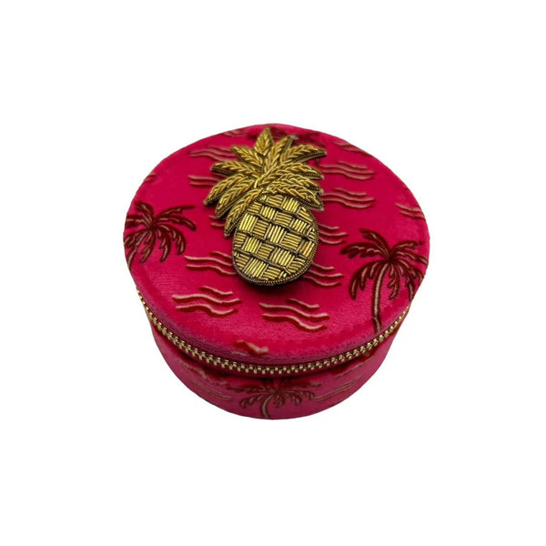 Jewellery travel pot in pink palm print with pineapple pin