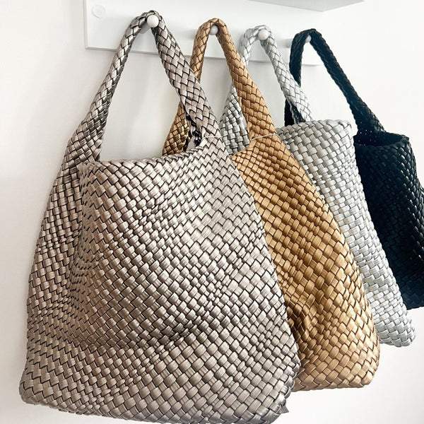 Metallic Silver Weave Tote Bag