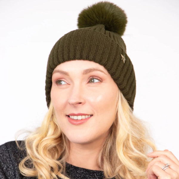 Bonnie Pom Pom Hat - Khaki, Gold Star