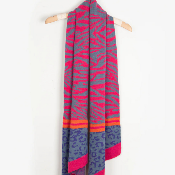 Fuchsia/Blue - Tiger & Leopard Print Winter Scarf