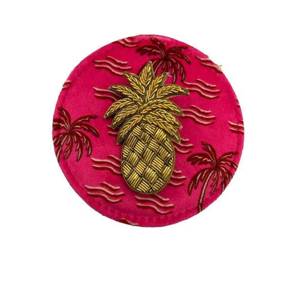 Jewellery travel pot in pink palm print with pineapple pin