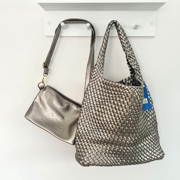 Metallic Pewter Weave Tote Bag