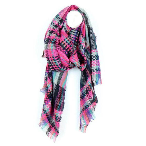 Pink mix woven check fringe scarf