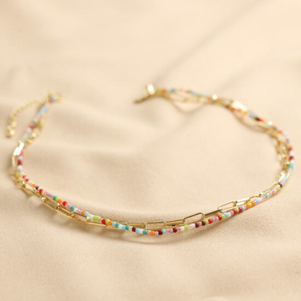 Rainbow & Bead Layered Gold Necklace