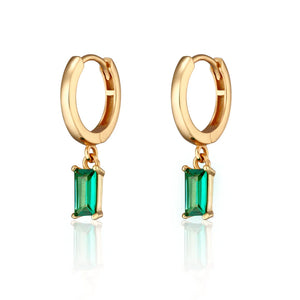 Gold & Green Baguette Charm Hoop Earrings