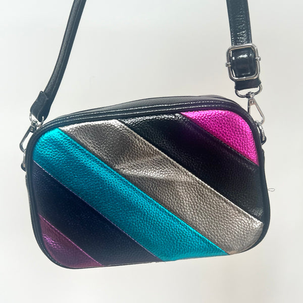 Black & Metallic Stripe Cross Body Bag