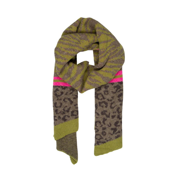 Fuchsia/Olive Green - Tiger & Leopard Print Winter Scarf