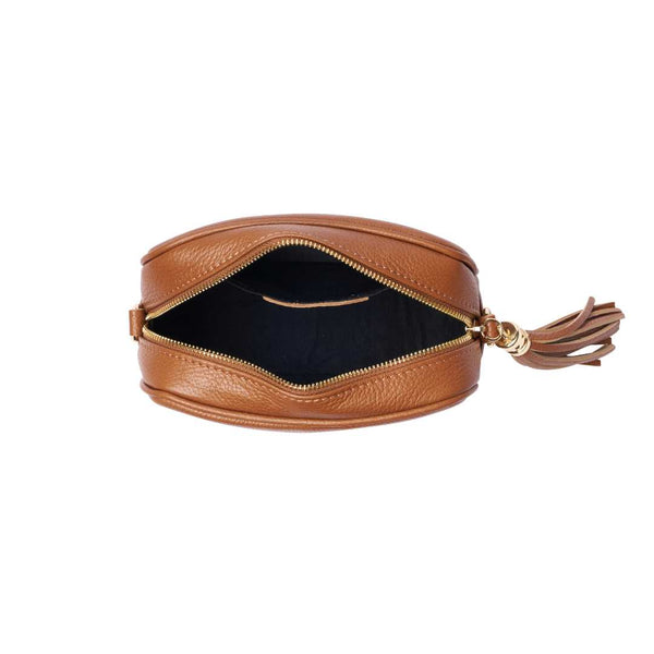 Dark Tan Leather "Florrie" Cross Body Tassel Bag