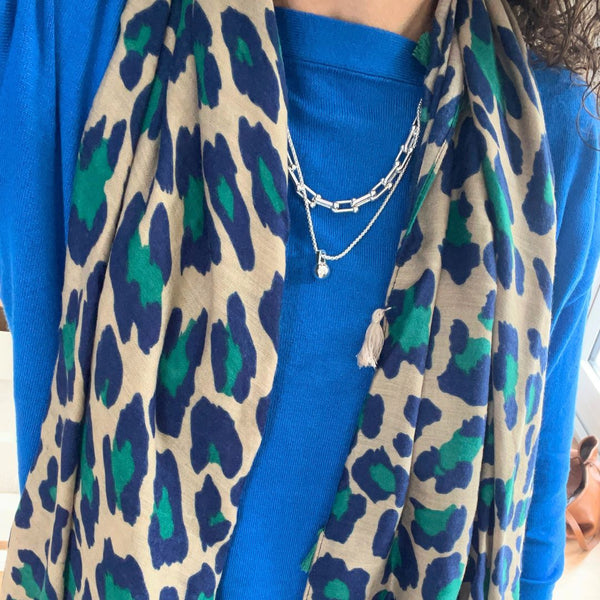 Blue & Green Leopard Print and Star Scarf -