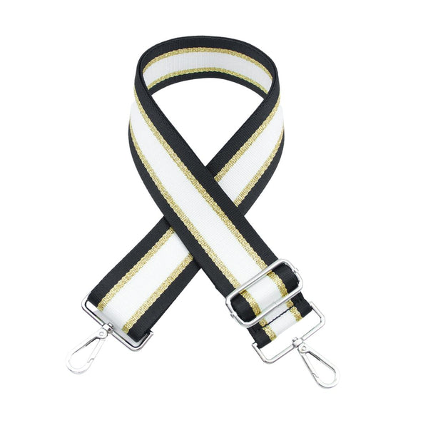 Black, White & Gold Stripe Bag Strap - Silver Hardware