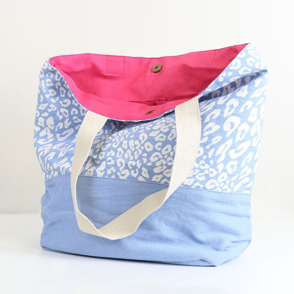 Pale blue animal print cotton beach bag