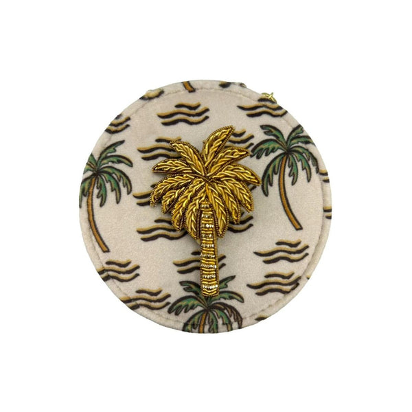 Jewellery travel pot in sand palm print with palm pin