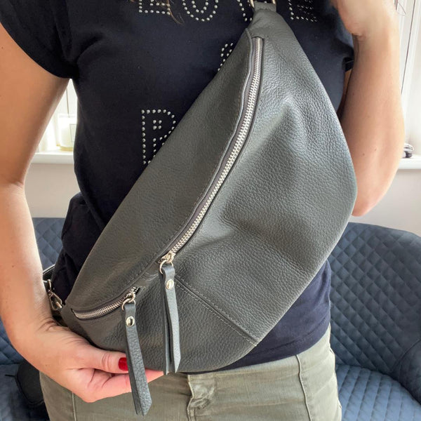 Dark Grey Large Leather Sling Bag (Silver Hardware)
