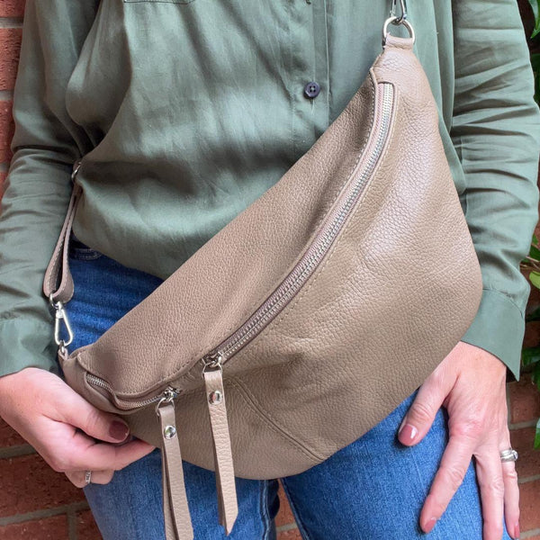 Taupe Leather Large Sling Bag (Silver Hardware)