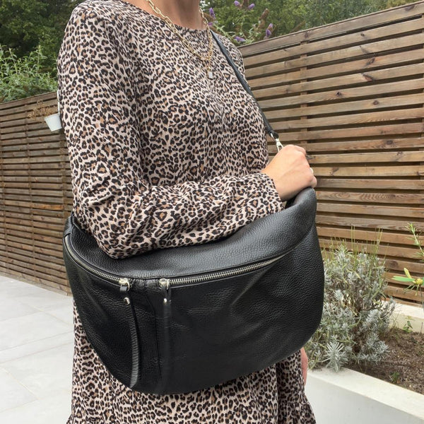 XL Slouchy Black Leather Bum Bag / Sling  Bag (SH)