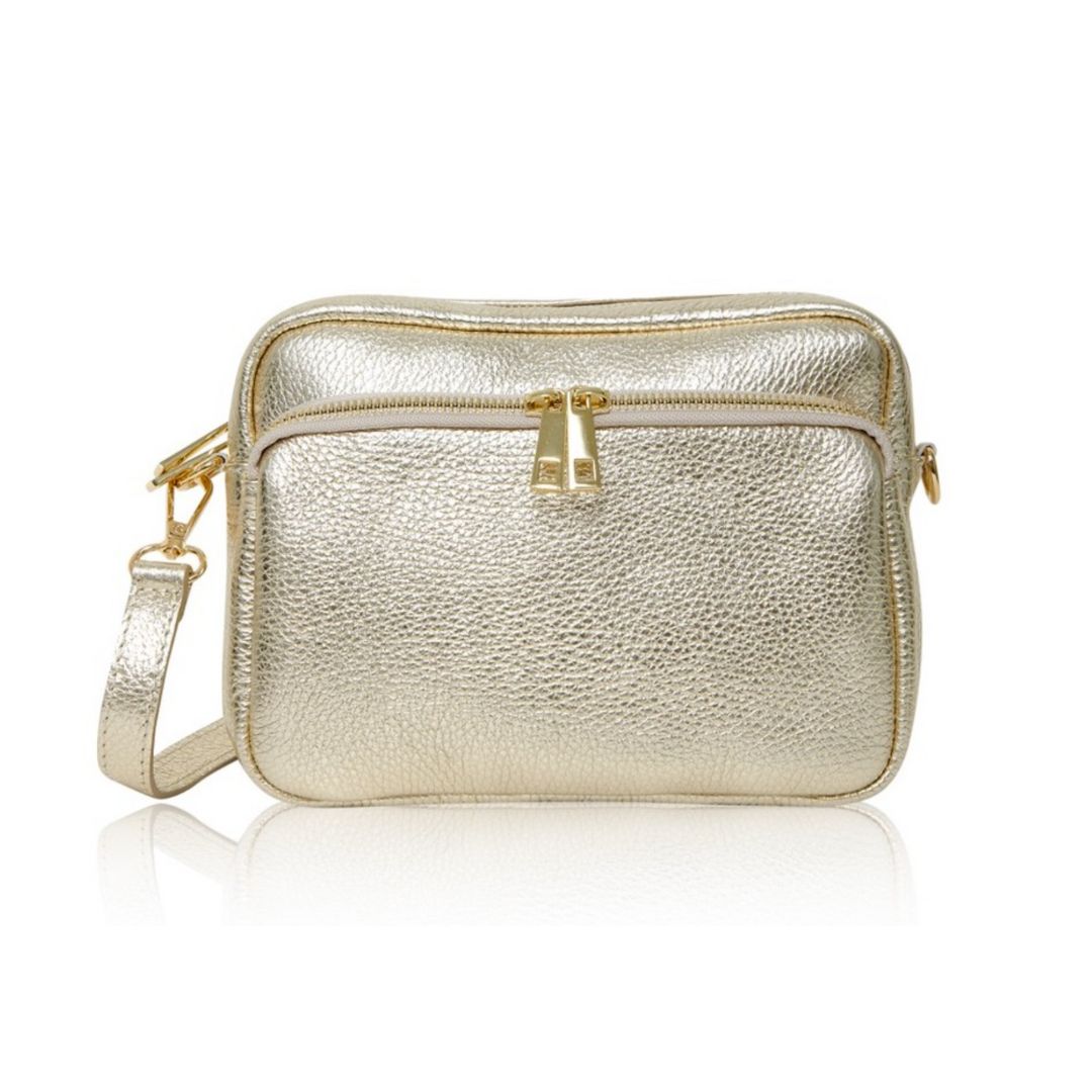 Italian Leather Camera Cross-Body Bag With Tassel (Gold Finish