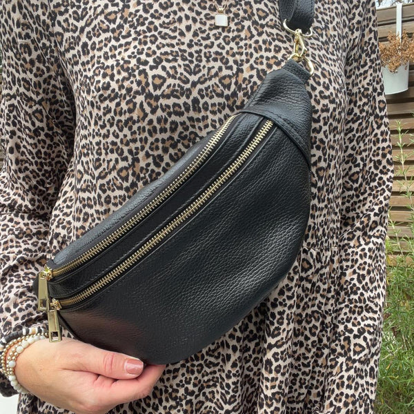 Black Large Double Zip Bum Bag | Sling Bag