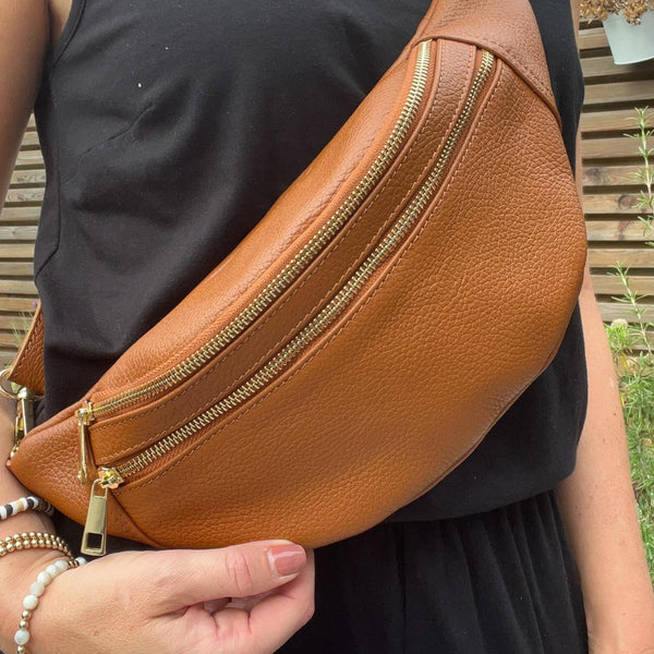 Tan Large Double Zip Bum Bag | Sling Bag