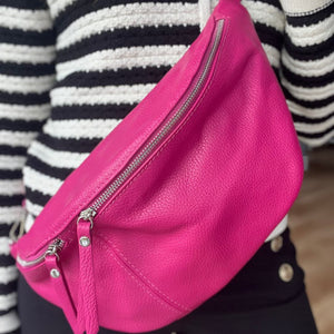 Fuchsia Pink  Large Leather Sling Bag (Silver Hardware)