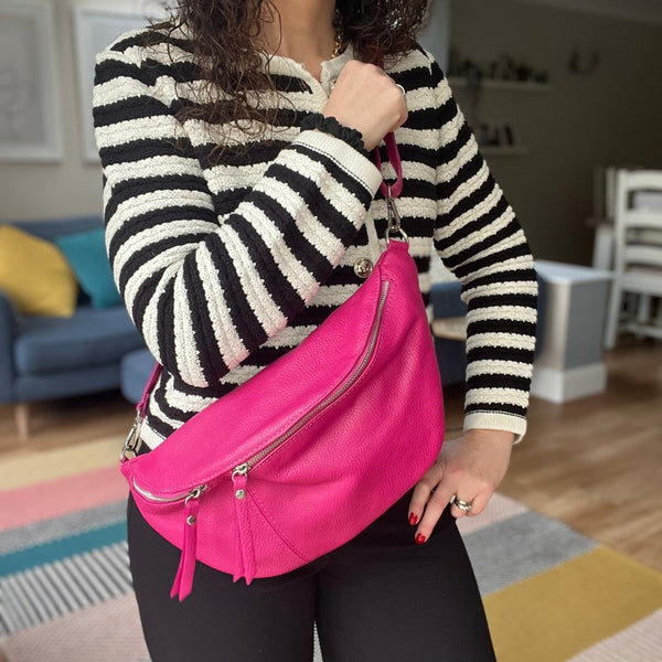 Fuchsia Pink  Large Leather Sling Bag (Silver Hardware)