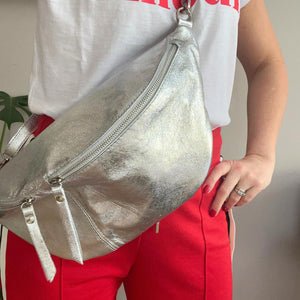 Silver Large Slouchy Leather Sling Bag (Silver Hardware)