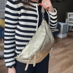 Gold Large Slouchy Leather Sling Bag (Silver Hardware)