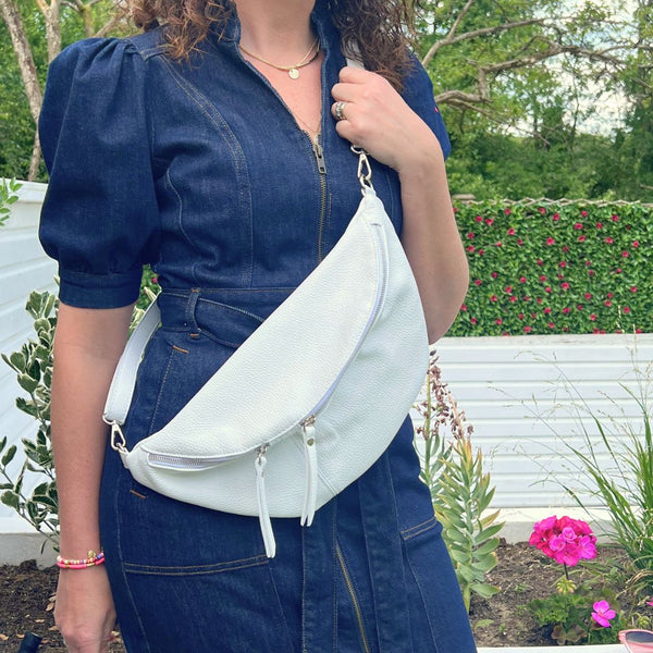 White Leather Large Sling Bag (Silver Hardware)