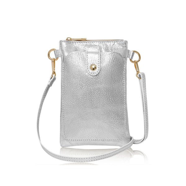 Silver Leather Phone Pouch