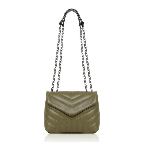 Khaki Green Leather Quilted Cross Body Bag