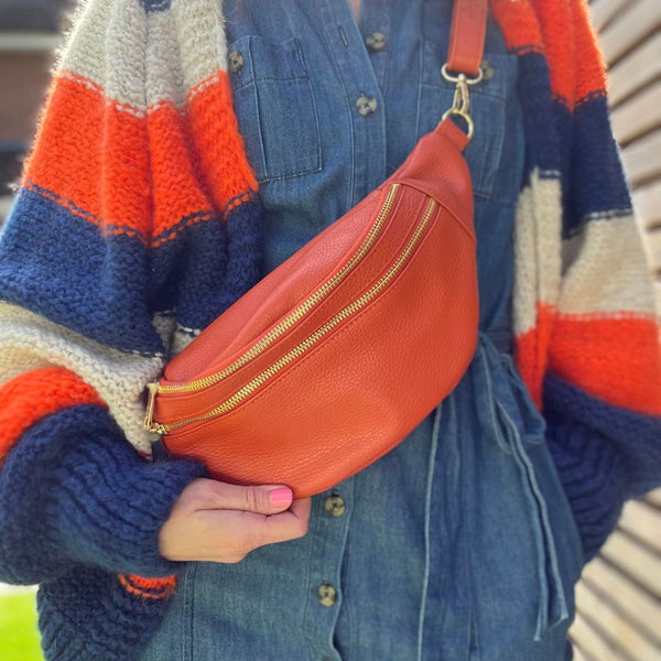 Large Double Zip Orange Bum Bag | Sling Bag