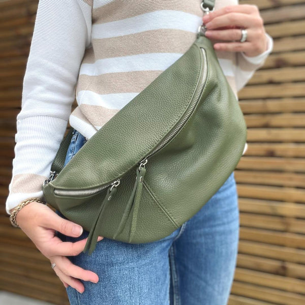 Khaki Green Leather Large  Sling Bag (Silver Hardware)