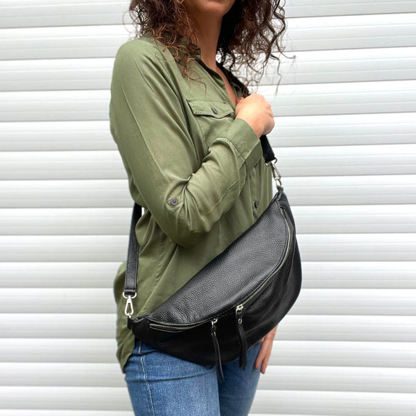 Black Leather Large Sling Bag (Silver Hardware) - Available to Pre-Order!!