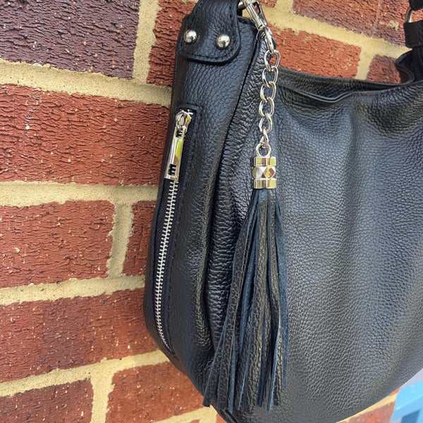 Black Leather Hobo Bag With Tassel