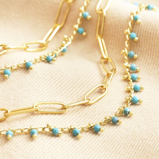 Gold With Teal Stone & Chain Necklace Set