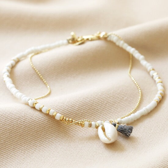 White Beaded Shell Charm Anklet