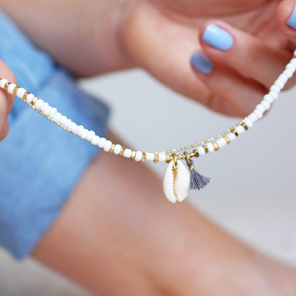 White Beaded Shell Charm Anklet