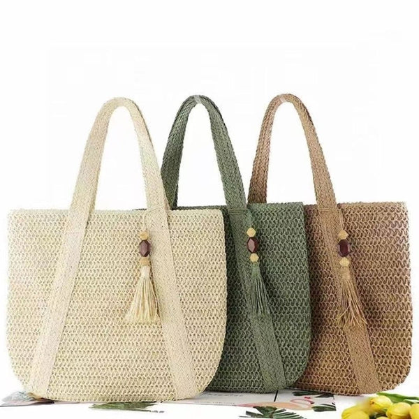 Green Woven Summer Tote Bag With Tassel